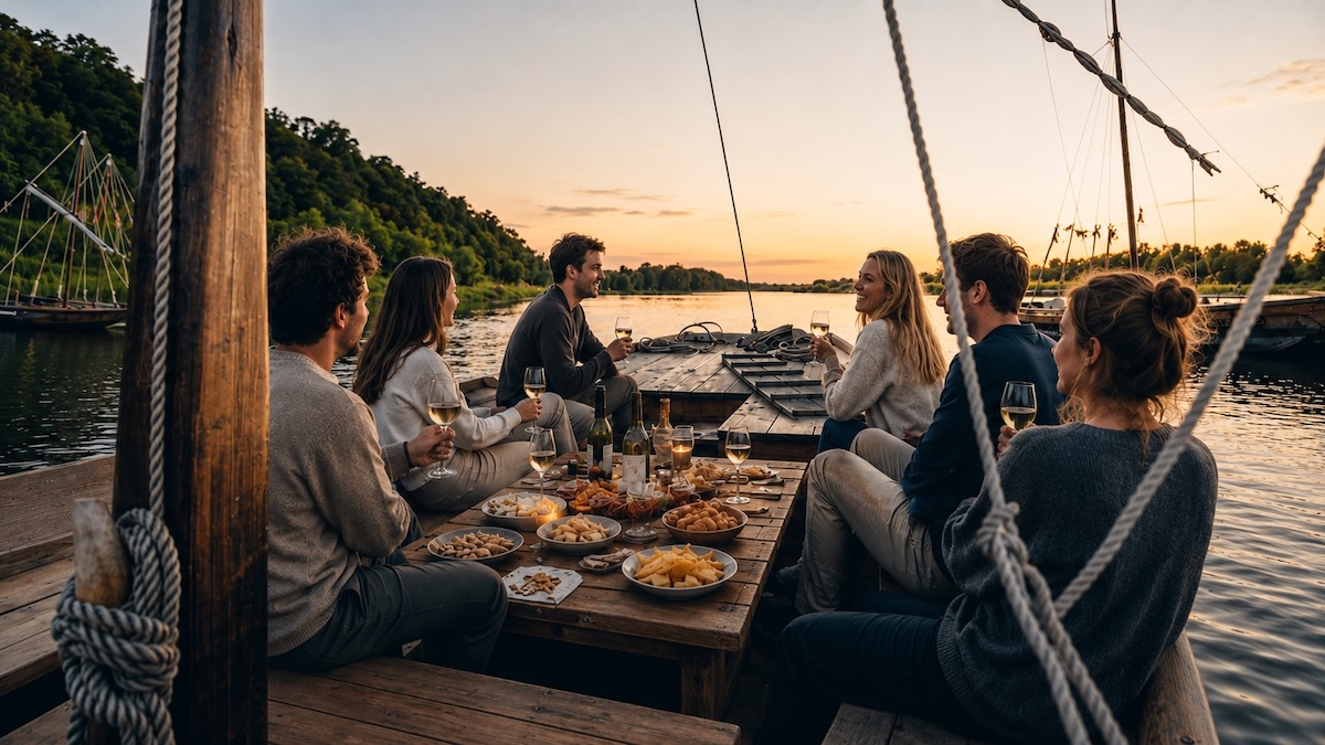 Navigation en bateau traditionnel sur la Loire en fin de journée